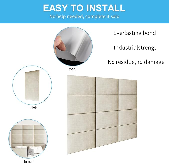 Wall Mounted Peel and Stick Upholstered Headboard, 3D Soundproof Padded Wall Panels for King Size, Soft Tufted Bed Head Board, Reusable Bed Headboard in Beige (12 Panels, 10" x 24")