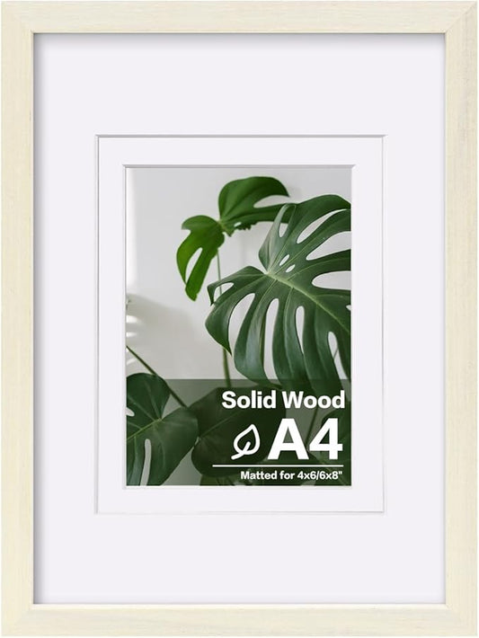 Egofine A4 Picture Frame Made of Solid Wood with Plexiglass, Display Pictures 4x6/6x8 with Mat or A4 Without Mat for Tabletop and Wall Mounting, Beige