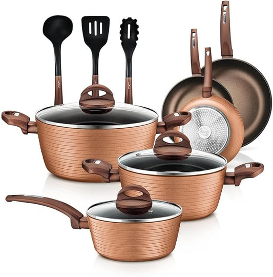 12-Piece Nonstick Kitchen Cookware Set - PTFE/PFOA/PFOS-Free Heat Resistant Lacquer Kitchen Ware Pots Pan Set Coffee/Brown - Saucepot, Pans, Cooking Pot, Oven Pot, Lid, Utensil - NutriChef NCCW12BRW