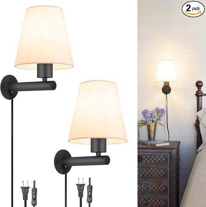 Black Plug in Wall Sconces Set of Two, Wall Lamp with Plug in Cord On/Off Switch, Black Wall Sconce Light Plug in, Bedside Wall Mounted Light with Fabric Linen, Wall Decor for Bedroom Living Room