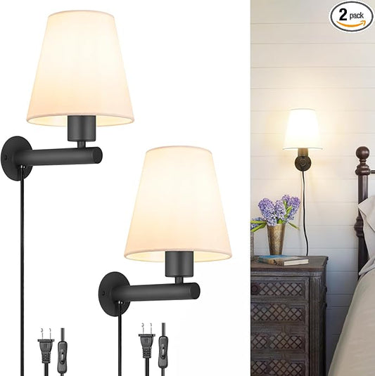 Black Plug in Wall Sconces Set of Two, Wall Lamp with Plug in Cord On/Off Switch, Black Wall Sconce Light Plug in, Bedside Wall Mounted Light with Fabric Linen, Wall Decor for Bedroom Living Room