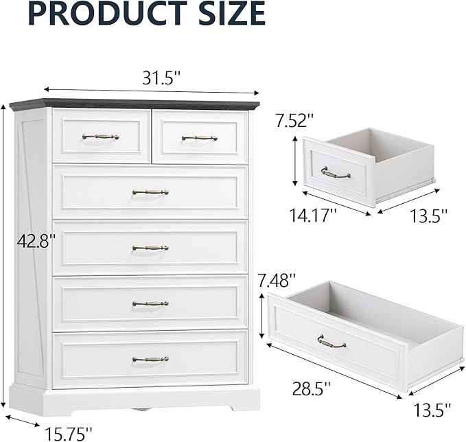 Dresser for Bedroom with 6 Drawer, 43'' Tall Dresser for Closet, Farmhouse Wooden Chest of Drawers with Natural Wood Texture, Vintage Storage Organizer for Living Room, Hallway, White