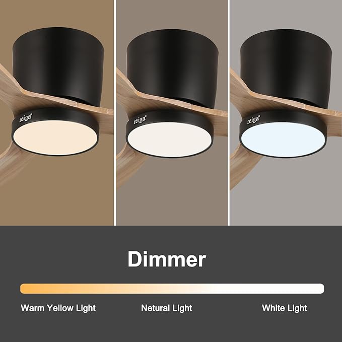 reiga 52" Natural Wood Ceiling Fan with Light and Remote, 3 Blade Flush Mount Low Profile Ceiling Fan for Bedrooom Living Room, Quiet DC Motor