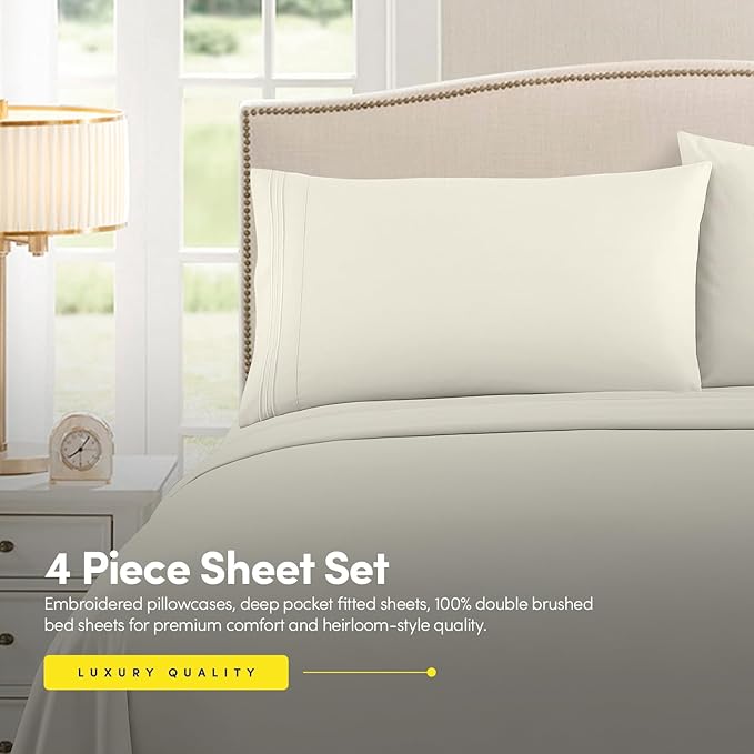 1500 Supreme Collection Queen Sheet Sets Ivory - Luxury Hotel Bed Sheets and Pillowcase Set for Queen Mattress - Extra Soft, Elastic Corner Straps, Deep Pocket Sheets, Queen Ivory