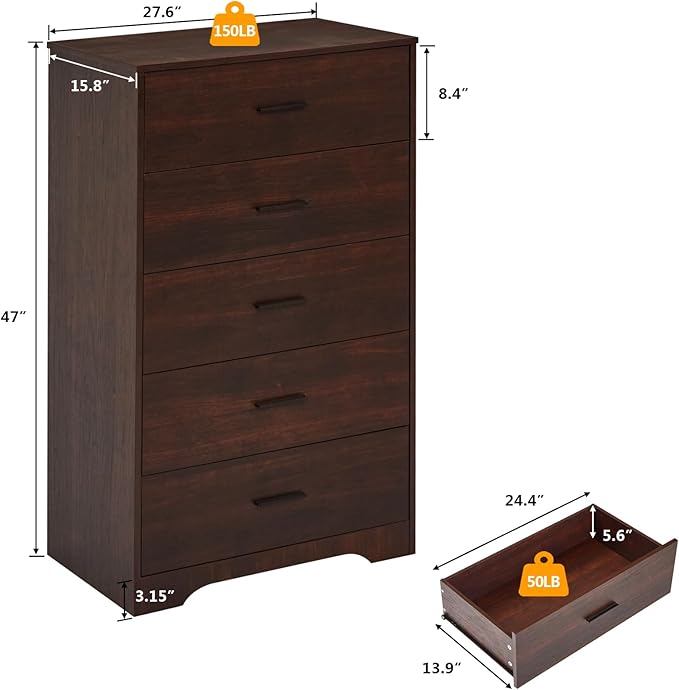 LIDYUK Dresser for Bedroom, Wood Dresser with 5 Drawers, Modern Minimalist Dressers & Chests of Drawers, 47 Inches Tall Chest of Drawers for Bedroom, Hallway, Living Room, Dark Cherry