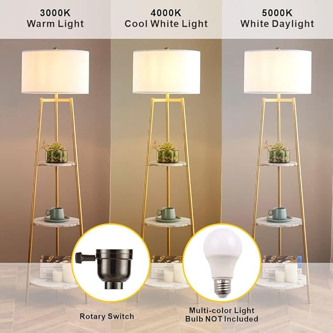 Floor Lamp, Standing Reading Light with Faux Marble Shelves and Fabric Shade, Modern Tall Pole, Accent Furniture Décor Lighting for Living Room, Bedrooms