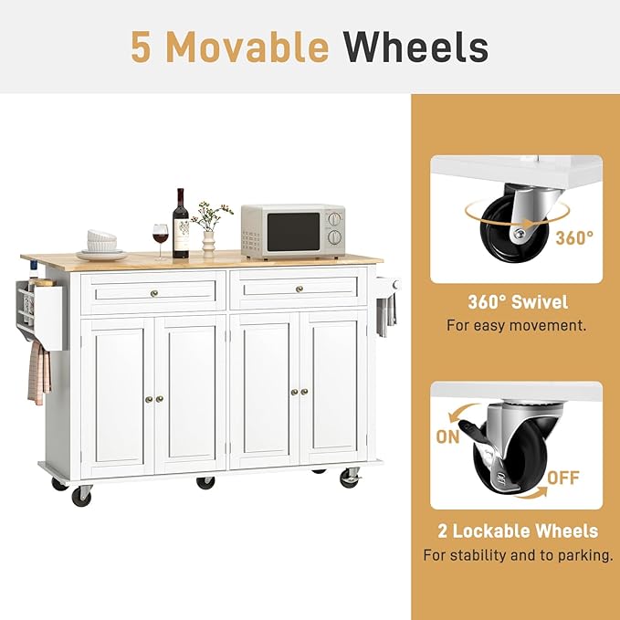 59.1" Movable Kitchen Island with Drop Leaf and Power Outlet, Rolling Island Cart w/Storage Cabinet, Island Table on Wheels for Kitchen w/2 Drawers, Spice Rack, Towel Bar, Garage Hook, White