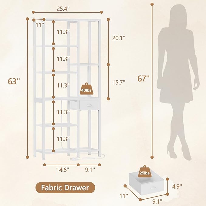 Furologee 6-Tier Bookshelf with Charging Station, Double Display Shelf with Drawer, Tall Freestanding Bookcase, Metal Open Book Shelf for Living Room, Bedroom, Home Office, White