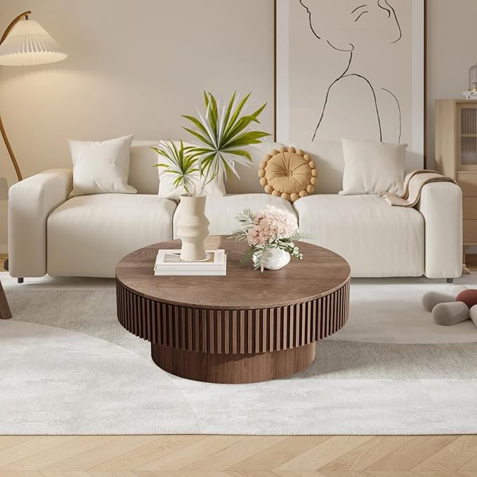 Round Coffee Table for Living Room, Accent Fluted Drum Coffee Table with Storage, Modern Solid Wood Veneered Circle Center Tea Table for Small Space Apartment (31.5''D×14''H-Walnut)