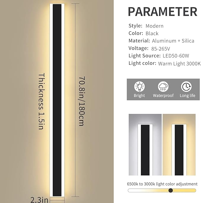 Modern 70.8inch Long LED Wall Light, 3000K Black Acrylic Exterior Lighting Fixtures Wall Mount, Ip65 Waterproof Modern Porch Lights Outdoor Wall Sconce, Led Long Outdoor Lights for House Hard-Wired