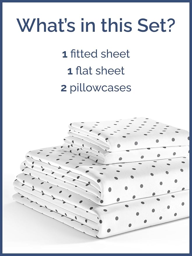 Kids Black Polka Dots Full 4 Piece Sheet Set - Boys, Girls, Teens, Toddler - Easy Fit Deep Pockets - Breathable, Hotel Quality Sheets - Machine Washable - Wrinkle Free - Cute, Cozy, Soft - CGK Linens