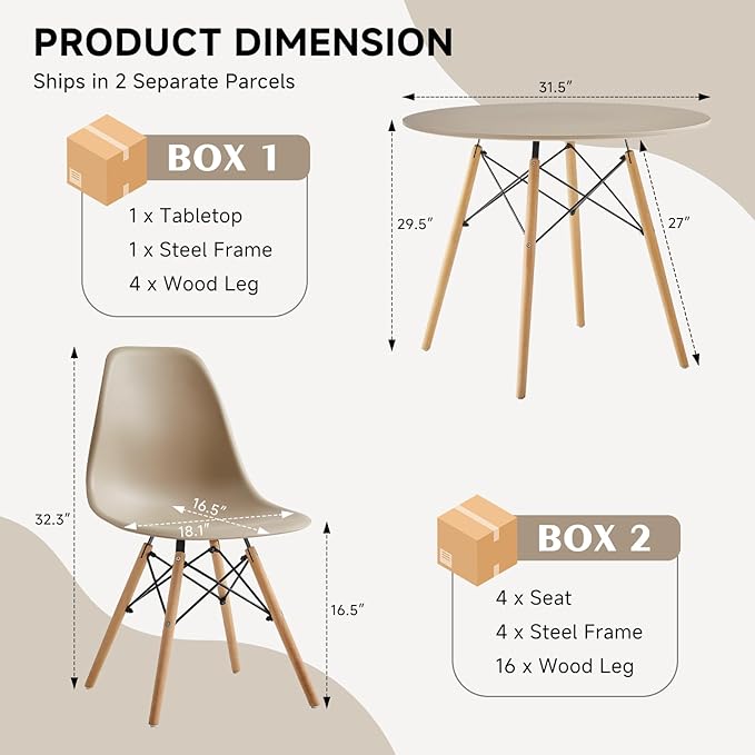 31.5'' 5 Piece Round Dining Table Set for 4, Mid-Century Modern Table with Chairs, Space Saving, Plastic Seats, Wood Legs, Circle Dinner Table for Kitchen, Home, Apartment, Khaki