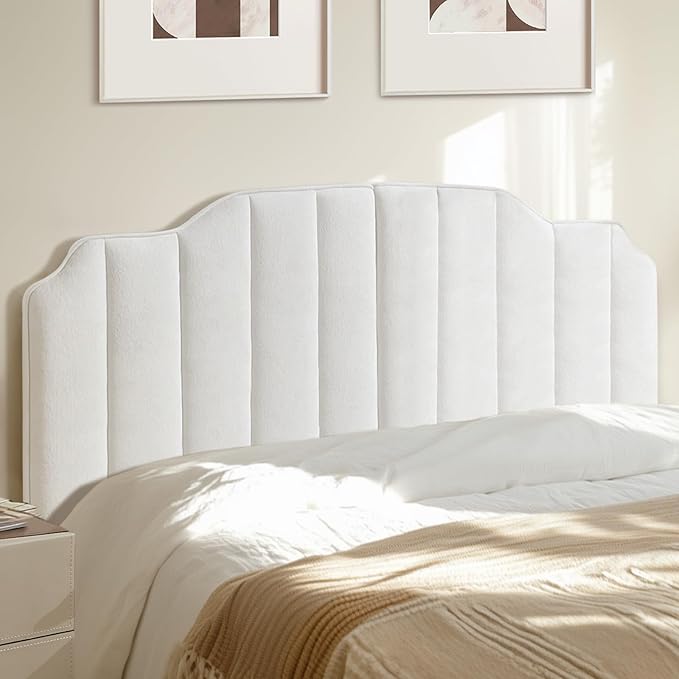 Queen Size Headboard White Upholstered Headboard Adjustable Height&Width Velvet Headboards Modern Vertical Channel Design Bed Head Board, White