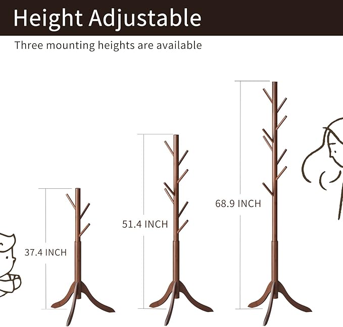 Coat Rack Freestanding, Coat Stands Entryway, Bamboo Coat Rack Hat Hanger 8 Hook for Jacket, Purse, Scarf Rack, Umbrella Tree Stand (Brown)