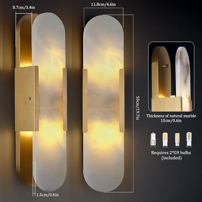19.7 in Brass Alabaster Wall Sconces, Natural Marble Wall Sconces Indoor Alabaster Sconces for Living Room Modern Alabaster Sconces Wall Lighting for Dining Room Stairs Bedroom