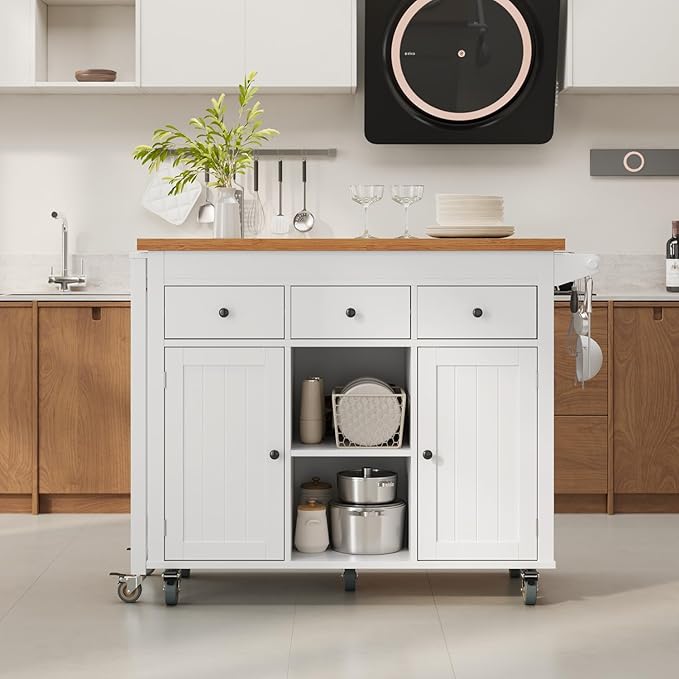 Ahomly Kitchen Island with Extendable Table for 2, 79.06" Extendable Kitchen Island Cart on Wheels with Storage Cabinet & 2 Open Shelves, Island Table for Kitchen with 3 Drawers, White