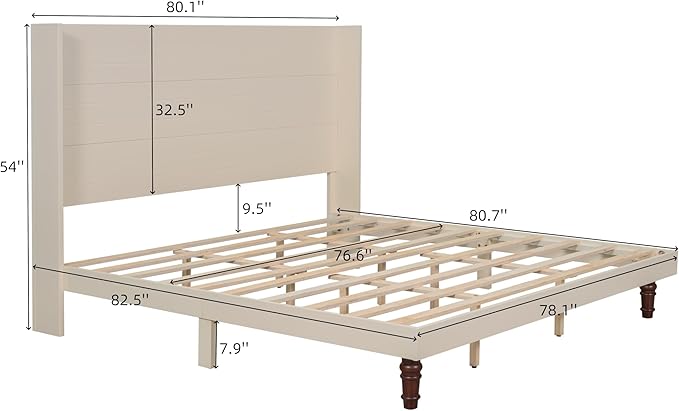GDFStudio Tall Headboard King Size Bed,Platform Bed Frame with High Back,Wooden Slat Mattress Support No Box Spring Needed Easy Assembly Minimalist Designs 54" H Beige