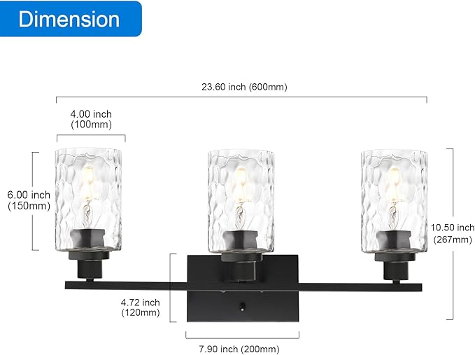MELUCEE 3-Light Bathroom Light Fixtures, Vanity Lights Over Mirror Black Finish with Hammered Glass, Industrial Wall Light Fixture Suitable for Living Room Porch Kitchen (Patent No.: US D963914 S)