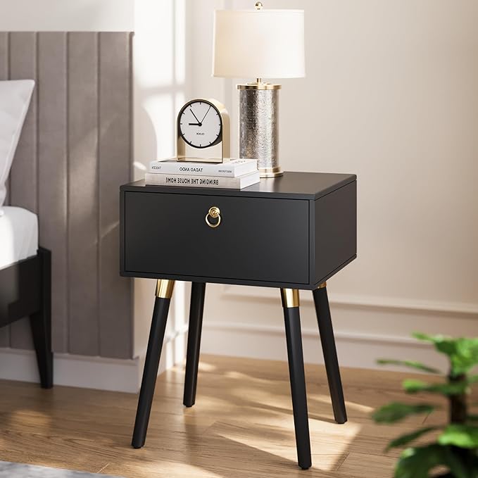 Bme Alden Wood Nightstand, Solid Wood End Table, Mid Century Modern Nightstand, Side Table with 1 Drawer, Compact for Bedroom, Living Room & Study Room, Easy Assembly, Black