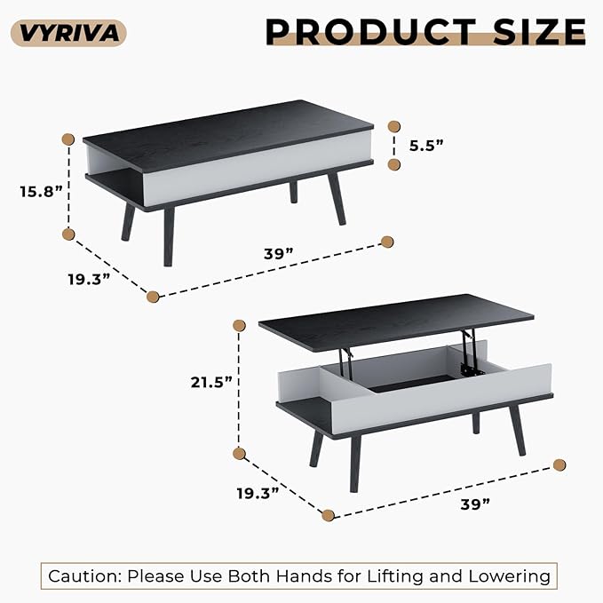 Lift Top Coffee Table, One Minute No Assembly Required Rising Tabletop Center Table with Large Hidden Storage Compartment, Open Shelf, Anti-Pinch Design Mute for Living Room (Black)
