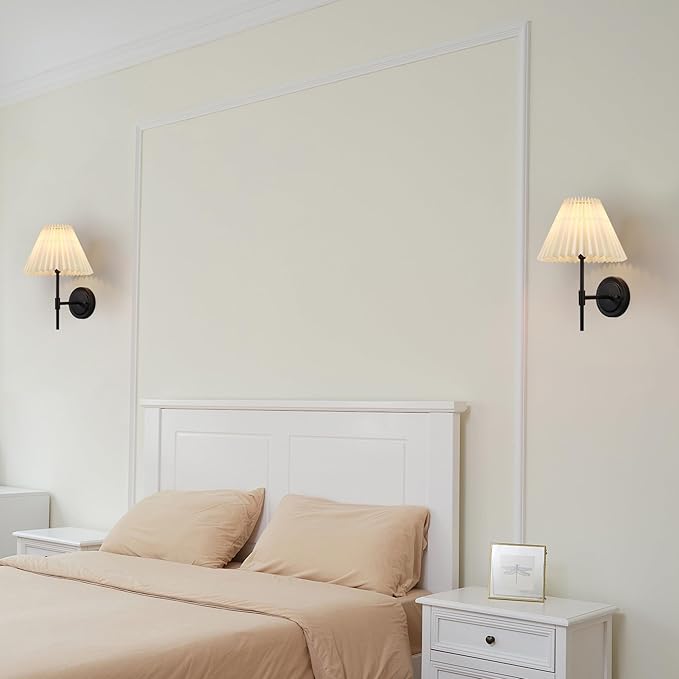 GLOBE 1-Light Wall Sconce, Matte Black, White Pleated Fabric Shade, E12 Base Socket, Candelabra Bulb, Living Room Lighting, Home Essentials, Décor, Bedroom, Mounted Bedside Lamp