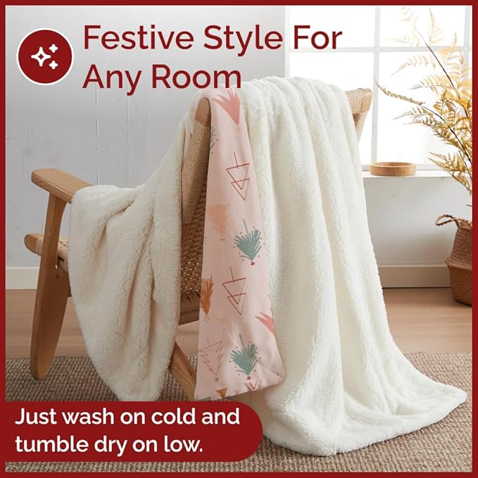 Christmas Sherpa Blanket Throw Size - Reversible Sherpa Fleece Blanket - Super Soft Double Sided Throw for Bed, Sofa, Couch - Thick, Cozy & Plush - Xmas Winter Bedding - Christmas Trees, Pink, 50x60