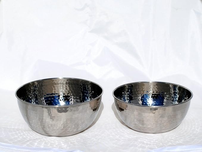 3SCompany Stainless Steel Hand-Hammered Prep and Mix Bowls - Set of 2, 7" and 8" Diameter, Dishwasher Safe, Flat Bottom - 1.5 Quart and 2 Quart Capacity