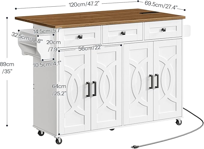 HOOBRO Kitchen Island with Drop Leaf, Rolling Kitchen Island with Storage and Power Outlet, Kitchen Cart with 3 Drawers and Adjustable Shelves, Towel and Spice Rack, for Dining Room, White and Walnut
