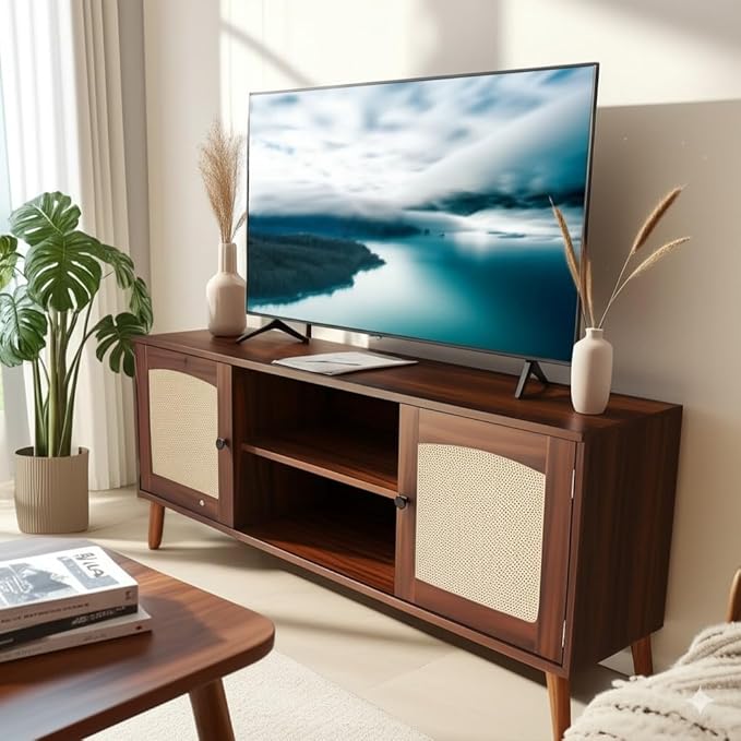 Mid Century Modern Rattan TV Stand for 60" TV - Boho Entertainment Center with 2 Natural Rattan Doors for Living Room, Brown