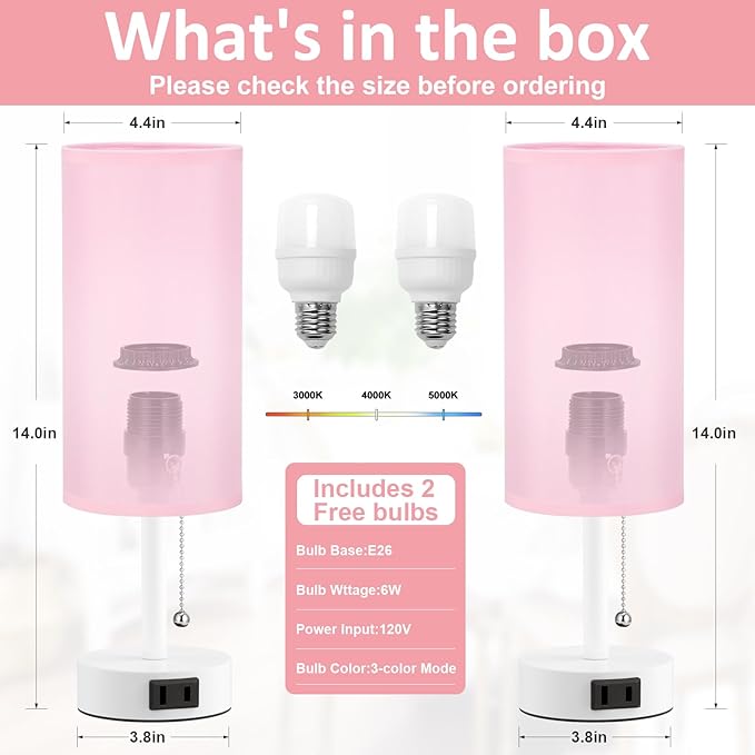 Pink Bedside Table Lamps Set of 2-3 Color Temperatures Pull Chain Lamp with AC Outlet Charging Port, Round Night Stand Lamps for Bedroom Office, Special for Girls