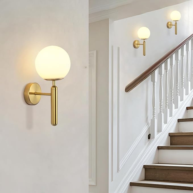 KCO Lighting Milk Glass Globe Wall Sconce Mid Century Brushed Brass Wall Sconces Modern Gold Wall Light Vintage Bathroom Vanity Light Fixtures for Bedroom Hallway
