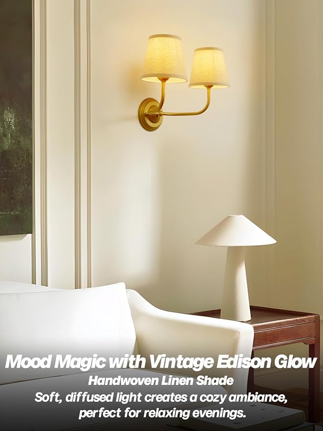 Vintage 2-Lights Fabric Wall Sconce with Linen Cloth Shade, Double Arm Wall Lamp Fixture for Bathroom Bedroom Living Room Hallway