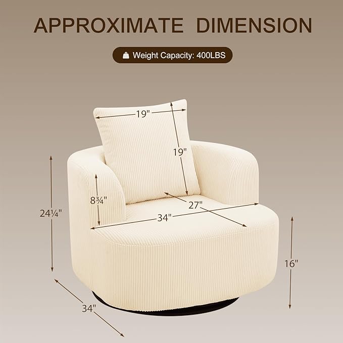 Furnimart 360° Swivel Barrel Accent Chair Set of 2, Round Upholstered Comfy Lounge Chair, Corduroy High-Resilienc Foam Single Sofa, No Assembly Wide Seat for Living Room, Bedroom, Apartment (Beige)