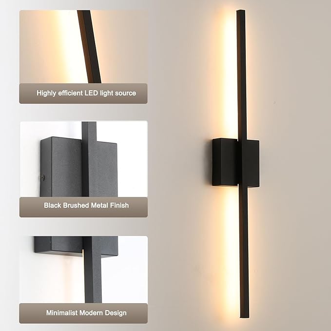 Wall Sconces Set of Two, Black Modern Wall Sconce Light for Bathroom, Living Room, Bedroom, Hardwired 3000K 28''
