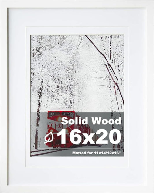 Egofine 16x20 Solid Wood Picture Frame, Made of Solid Wood Covered by Plexiglass 11x14/12x16 with Mat 16x20 without Mat, Poster Frame for Wall Mounting Photo Frame Vertically or Horizontally, White