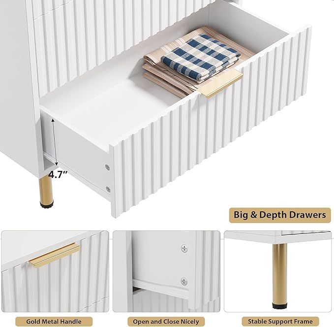 GarveeHome Fluted 5 Drawer Dresser for Bedroom, 48" Tall Modern Chest of Drawers with Deep Drawers and Wide Top, Wooden Dresser Organizer for Living Room, Hallway, Kids Room, White