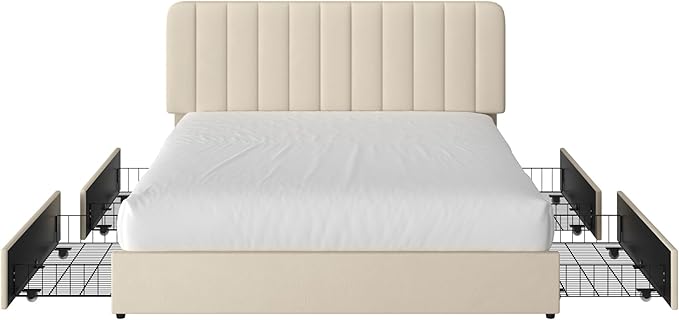 VECELO Queen Size Upholstered Bed Frame with 4 Drawers and Headboard, Velvet Platform Storage Bedframe, Wooden Slats Support, No Box Spring Needed, Beige