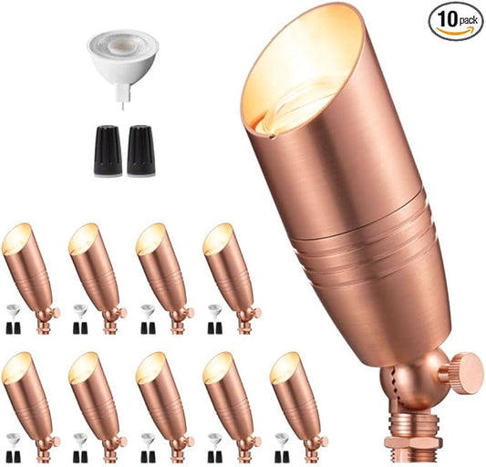 Low Voltage Spotlight LED - 12V Copper Outdoor Light Fixture Weather Proof, Brass Landscape Lights Hardwired, Coastal for Flag Sign with Cool Light MR16 Removable Bulbs (10 Pack)