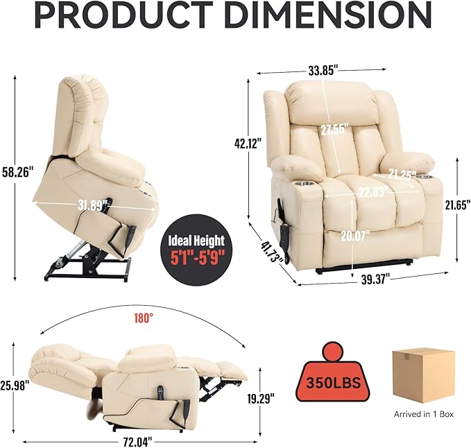 Electric Lay Flat Recliner Chair with Vibration Massage Heat for Elderly People, Power Lift Chair with Dual Motor Cup Holders, Faux Leather Beige