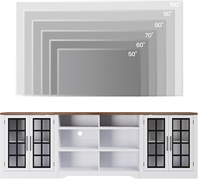 94.5 inch TV Stand for TVs up to 100", Entertainment Center Console Table with Closed Storage Cabinet and 3-Tier Open Shelves, Farmhouse TV Console for Living Room, White