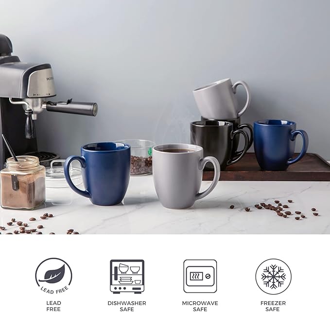 AmorArc 16oz Coffee Mugs Set of 6, Large Ceramic Coffee Mugs for Men, Women, Dad, Mom, Modern Coffee Mugs With Handle For Tea,Latte,Cappuccino,Cocoa. Dishwasher&Microwave Safe, Matte Blue
