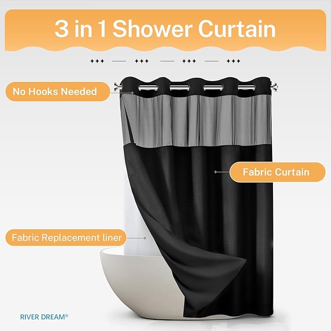 River Dream Heavyweight No Hooks Required Dotted Waffle Weave Shower Curtain with Snap in Liner -Stall 54W x 80H,Hotel Grade,Spa Like Bath Curtain,Black