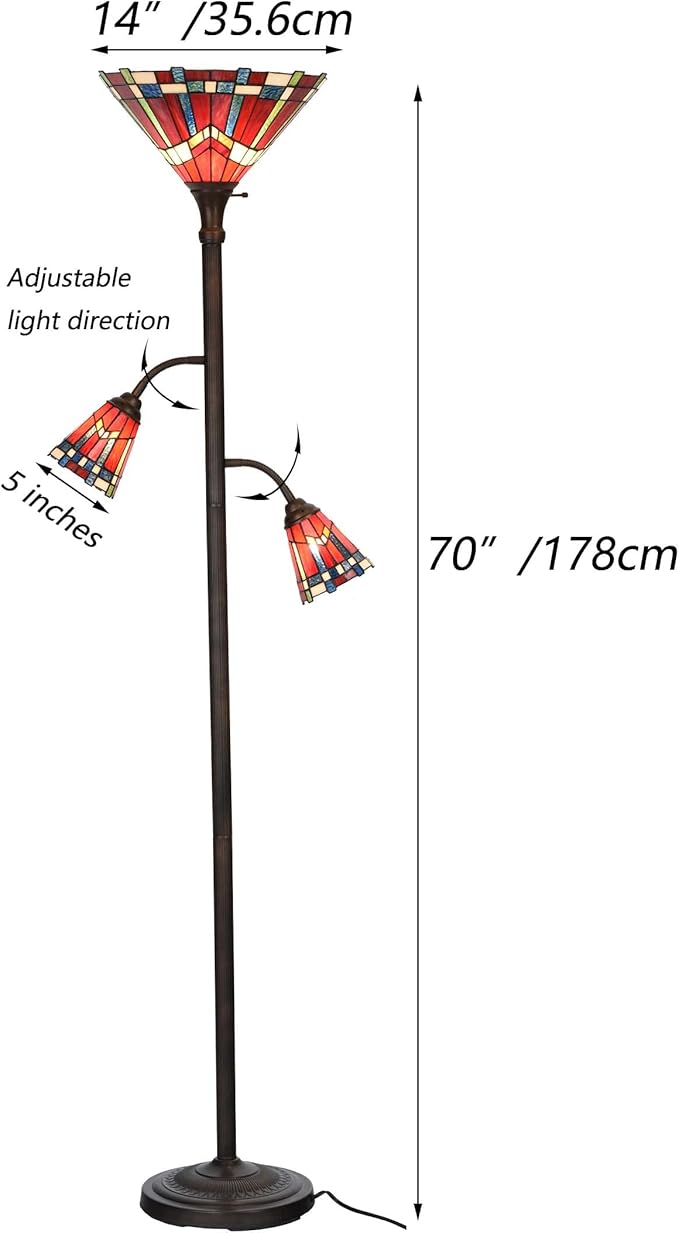 Bieye L10835 Mission Tiffany Style Stained Glass Floor Lamp for Reading Working Decorating, 3-Lights, 70 inches Tall