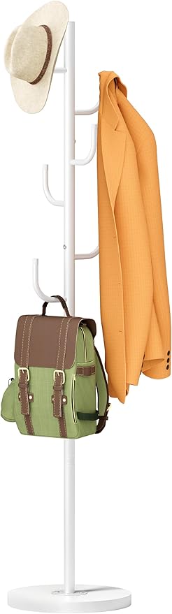 MISSLO Heavy Duty Coat Rack Freestanding 4 Adjustable Size Coat Tree with Stable Wood Base Coat Hanger Stand with 6 Hooks Standing Clothes Tree for Bedroom, White