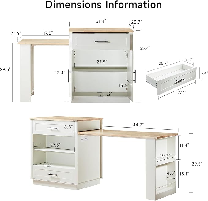 76" Kitchen Islands with Extendable Dining Table, 2-6 Island Table for Kitchen, Mobile Kitchen Table with Double-Side Storage, Kitchen Island on Wheels with Power Outlet & Spice Rack, White