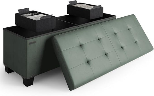 STORAGEBUD Storage Ottoman Bench with Bins, 43-in Storage Bench for Bedroom End of Bed, Folding Foot Rest Ottoman for Living Room Max 660lbs, Faux Leather Ottomans, Green
