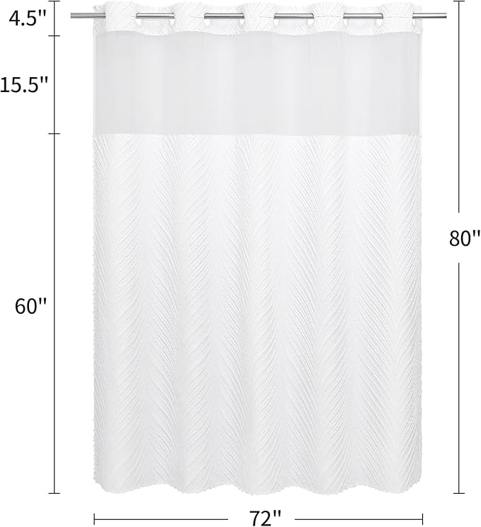 Boho White Long Shower Curtain 72 x 80, No Hook 80 inch Long Farmhouse Fabric Shower Curtain Set with Snap-in Liner, Hotel Style Shower Curtain with See Through Top Window