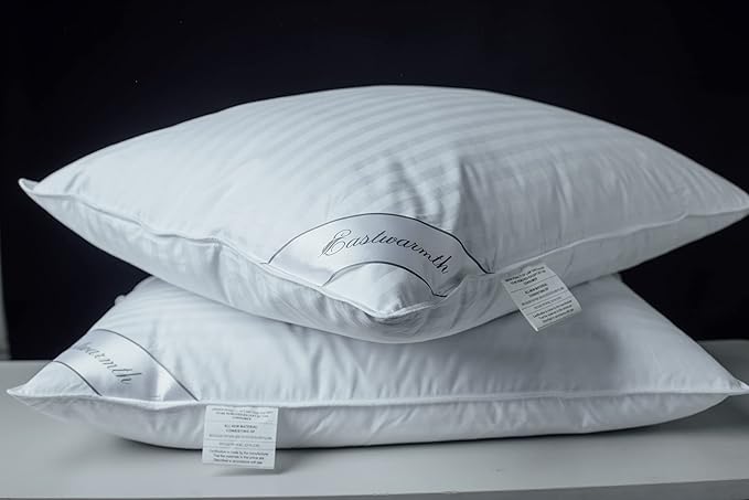 Goose Feather Blend with Polyester Bed Pillows 100% Cotton, Medium Firm Soft Support Standard Pack of 2 Stripe White
