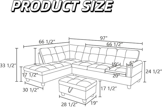 L Shaped Couch Sectional Couches with Chaise and Storage Ottoman, 3 Pieces Modular Convertible Sofa for Living Room Furniture Sets and Small Apartment, Light Grey