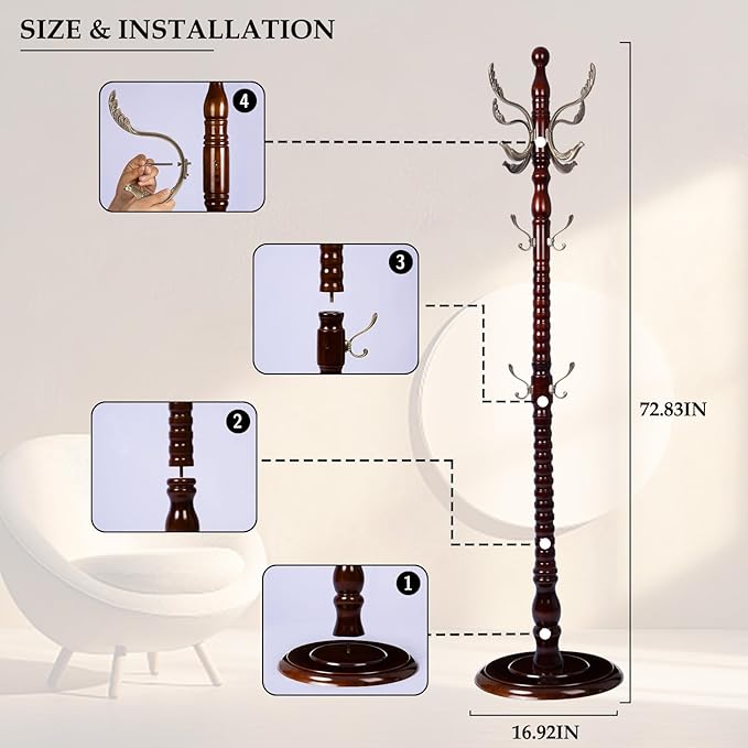 Wood Coat Rack Freestanding, Natural Coats Tree Stand with 14 Metal Hooks, 73" Sturdy and Easy Assembly Coat Rack Stand for Entryway, Hallway, Bedroom, Bags, Hats (Heavy-duty Disc Base, Metal Hook)
